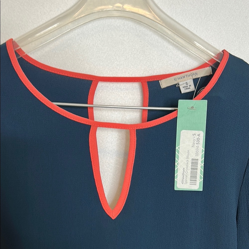 Navy Blue Long Sleeve Top with Salmon Colored Trim - Picture 4 of 7